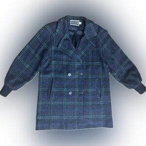 EUC Spencer Douglas SZ 10 black/green/purple plaid pea coat 1980’s w/pockets